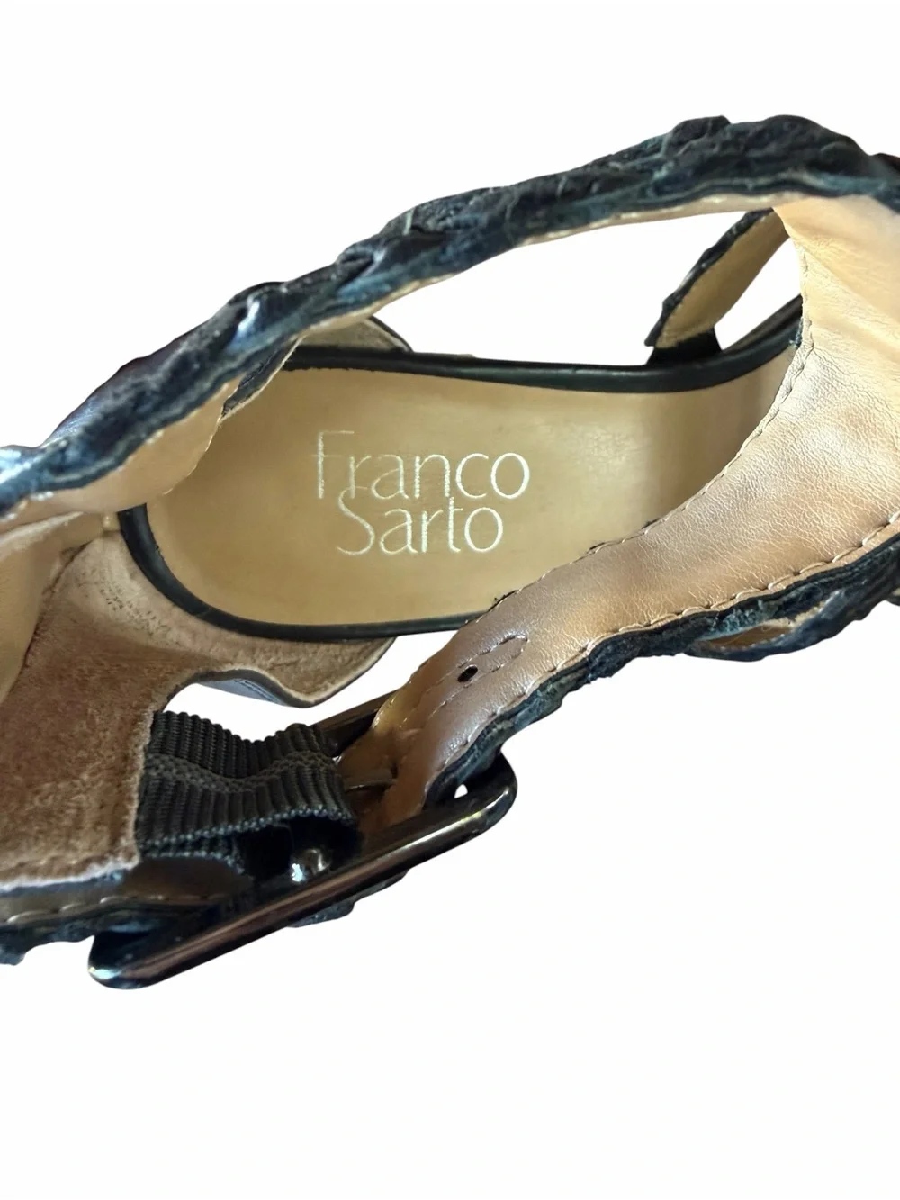 Franco Sarto Black Tate Woven Leather and Fabric Block Heel Sandals Sz 7